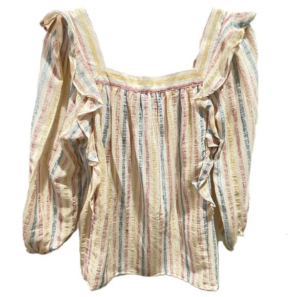 Chaps Small Ruffle Front Blouse Stripe Long Sleeve Square Neck Cotton Blend - Picture 1 of 10